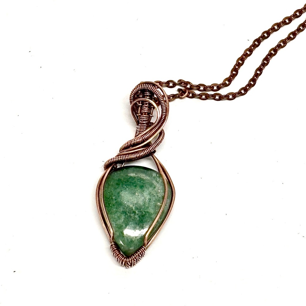HAND CRAFTED Green Strawberry Quartz Wire Wrapped Copper Pendant Necklace